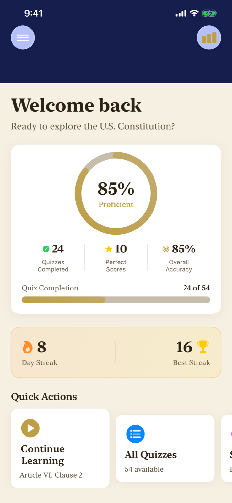 Constitution app progress dashboard